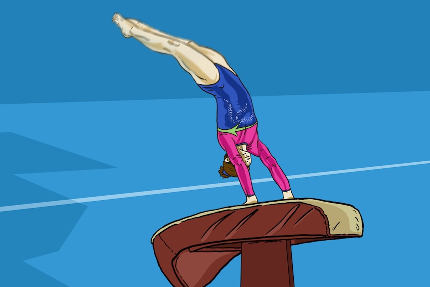 An illustration of a gymnast performing on a vault.