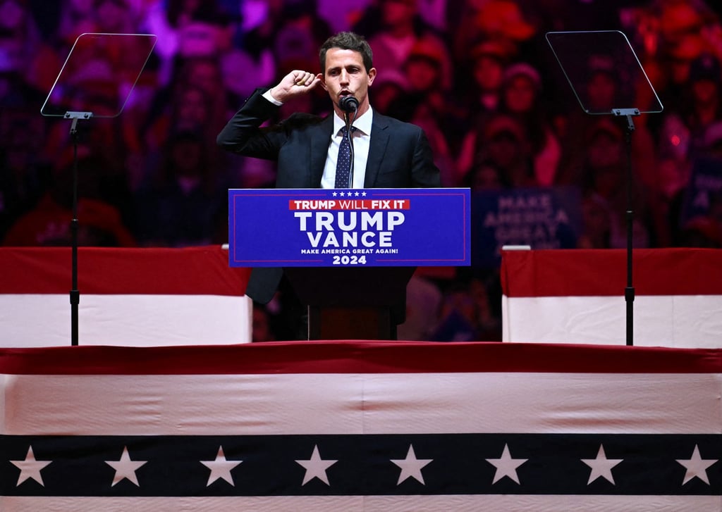 Comedian Tony Hinchcliffe speaks during a campaign rally for Republican presidential candidate Donald Trump at Madison Square Garden in New York on Sunday. Photo: TNS