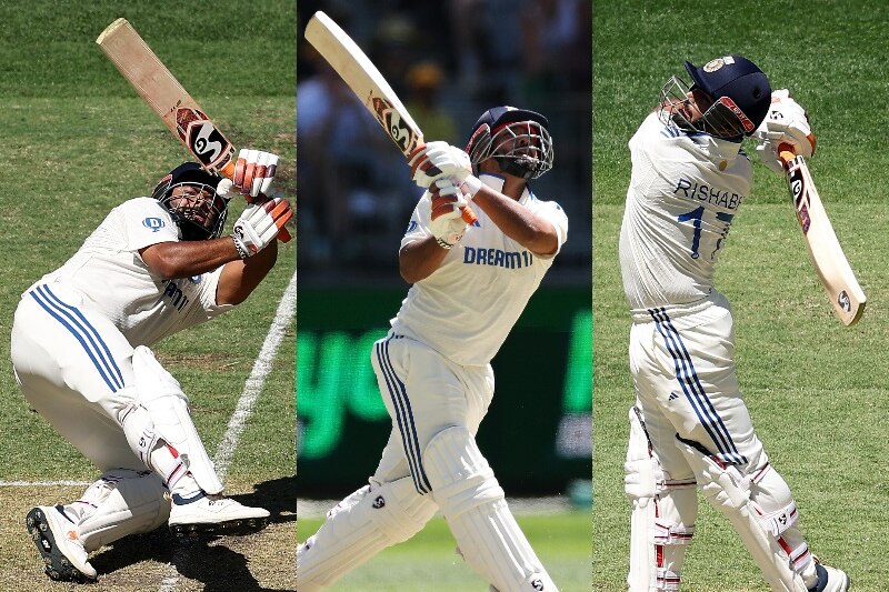 A composite image of three shots played by India batter Rishabh Pant during the first Test against Australia.