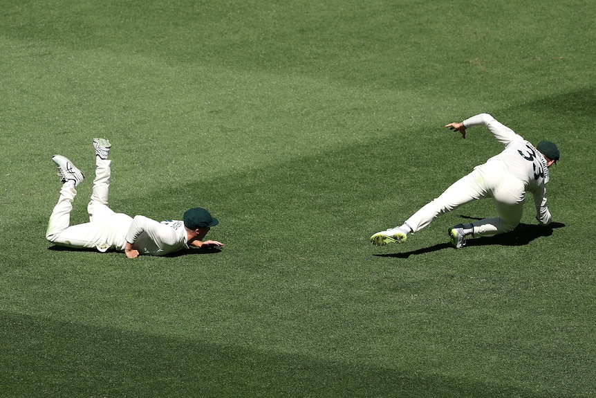 Marnus Labuschagne takes a catch off Nathan McSweeney's deflection in a Test against India.