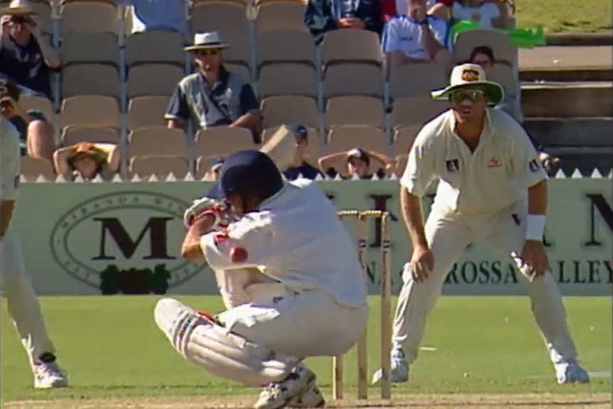 Sachin Tendulkar ducks into a ball and is out LBW while playing a Test for India against Australia.