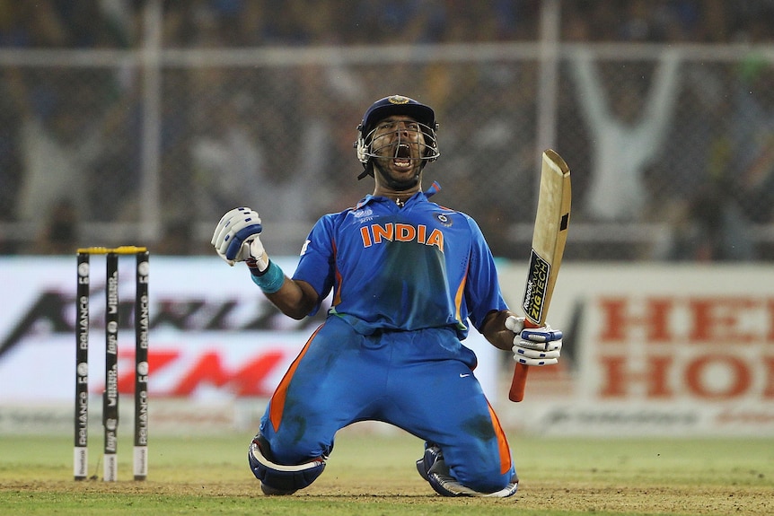Yuvraj Singh celebrates on his knees