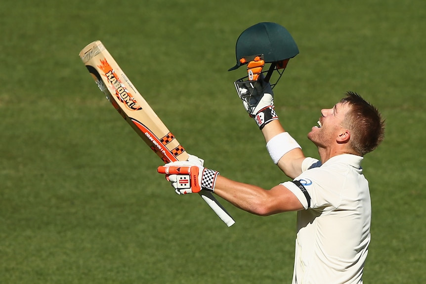 David Warner looks up, holding up his helmet and bat
