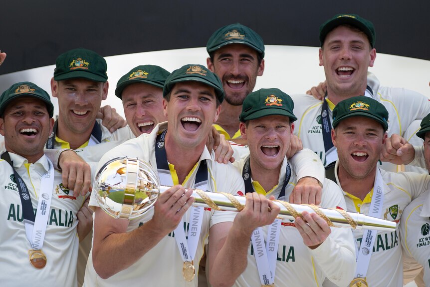 Pat Cummins and teammates hold the World Test Championship mace