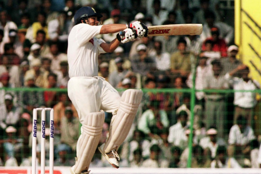 India batter Sachin Tendulkar hits a hooks shot during a Test against Australia in Chennai.