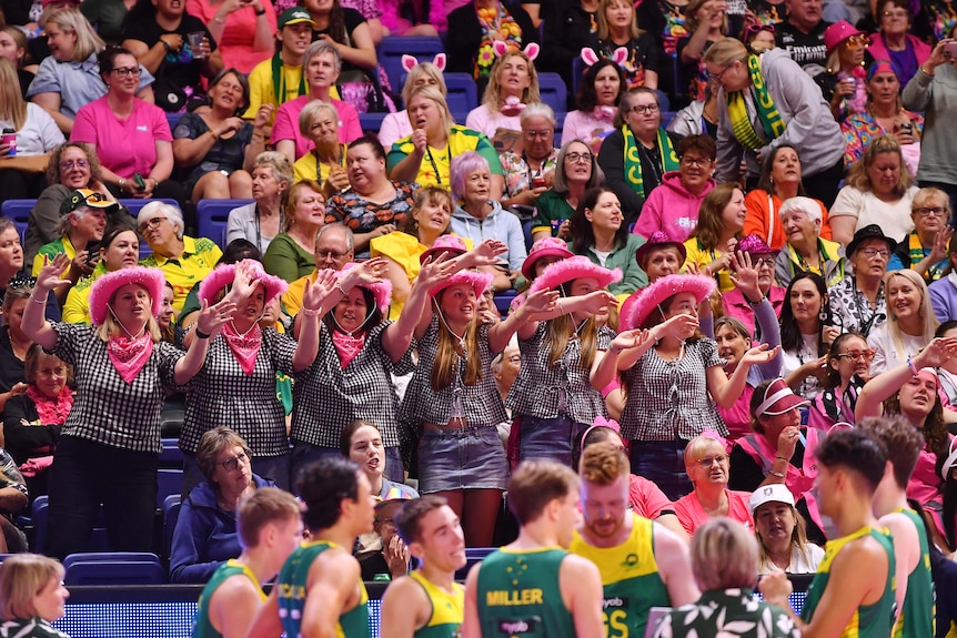Fans dance in the crowd as the Kelpies take a break on court