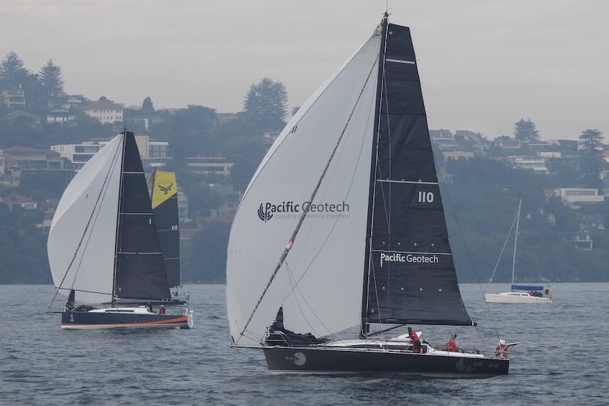 A boat sailing with the wind in her sails has the number 110 visible and two sailors on deck.