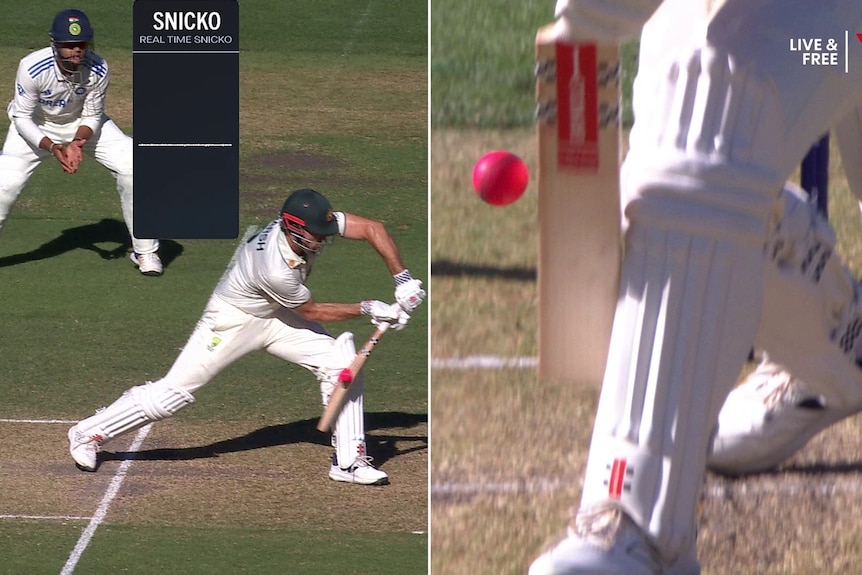 A snicko replay shows a gap between bat and ball and no spike on an appeal for Mitch Marsh.