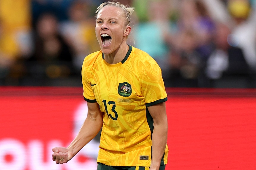 Tameka Yallop celebrates a goal for the Matildas.