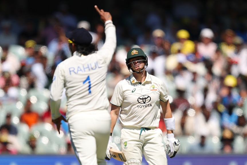 Steve Smith throws his head back as KL Rahul raises arm in celebration