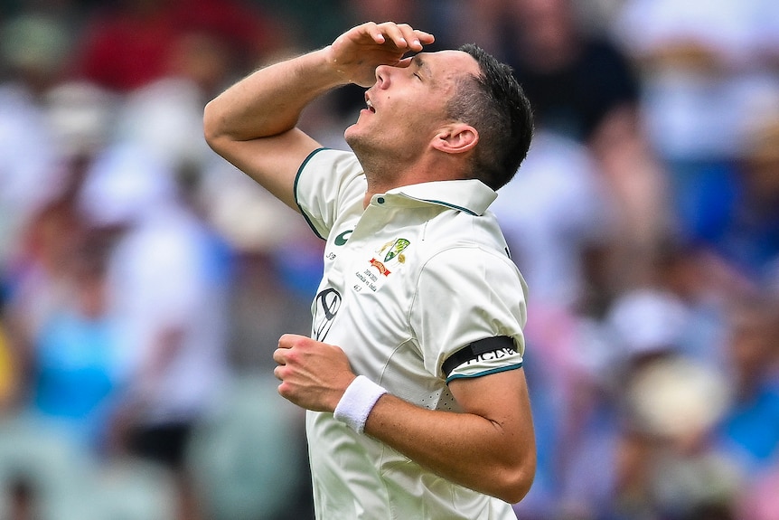 Scott Boland holds his head