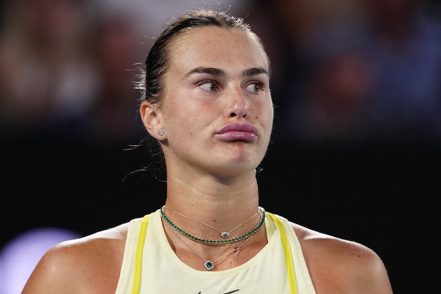 Aryna Sabalenka pulls a face in the Australian Open final.
