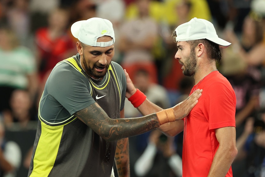Nick Kyrgios congratulates Jacob Fearnley on his win