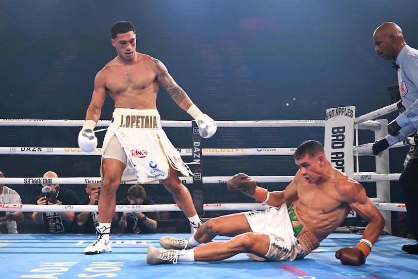 Jai Opetaia knocks down David Nyika