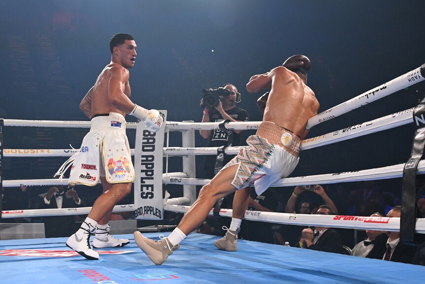 Jai Opetaia hits David Nyika onto the ropes