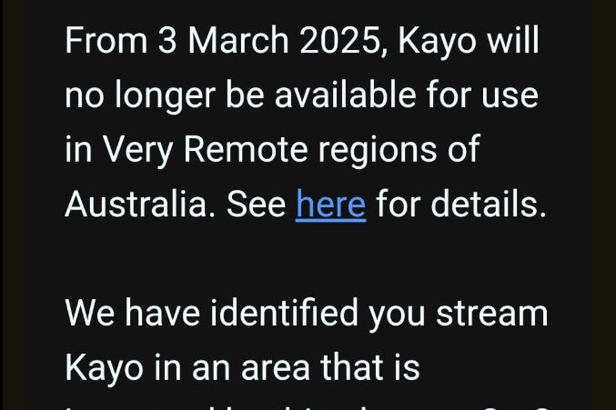 A text message advising users of the Kayo Sports platform that their service will be cut.