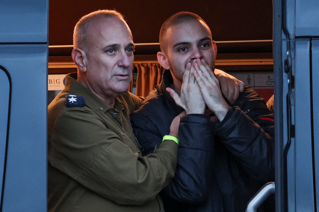 Omer Wenkert reacts at the Beilinson Schneider complex in Petah Tikva, Israel, on Saturday after his release from Hamas captivity. Photo: Reuters