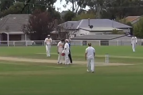 Men playing cricket on a video live feed in Traralgon