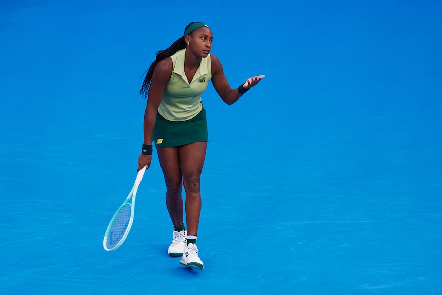 Coco Gauff reacts on court at the Qatar Open