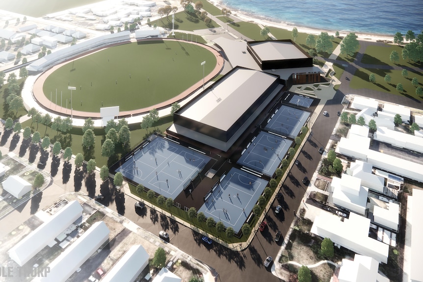An animated concept design showing a football stadium, from above.