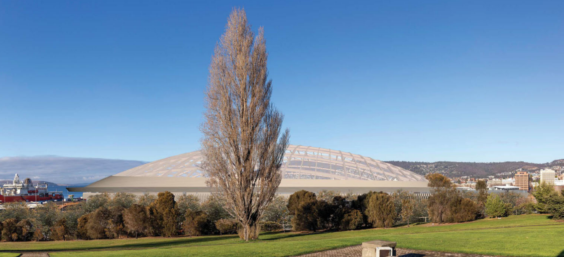 Outline of a stadium as seen from Hobart's cenotaph