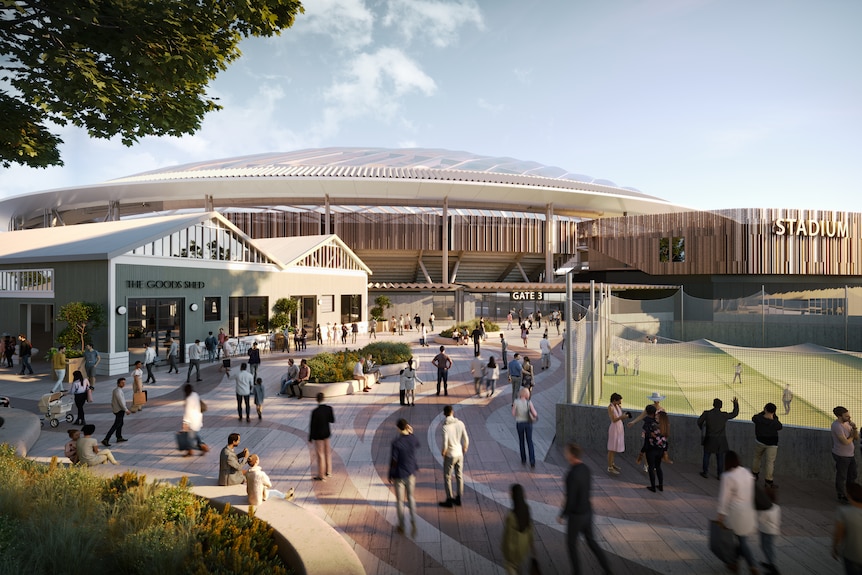 A render of the proposed Macquarie Point stadium, showing a wood-panelled round structure