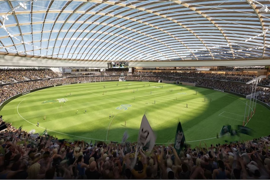 Artist impression of AFL match underway at proposed Macquarie Point stadium