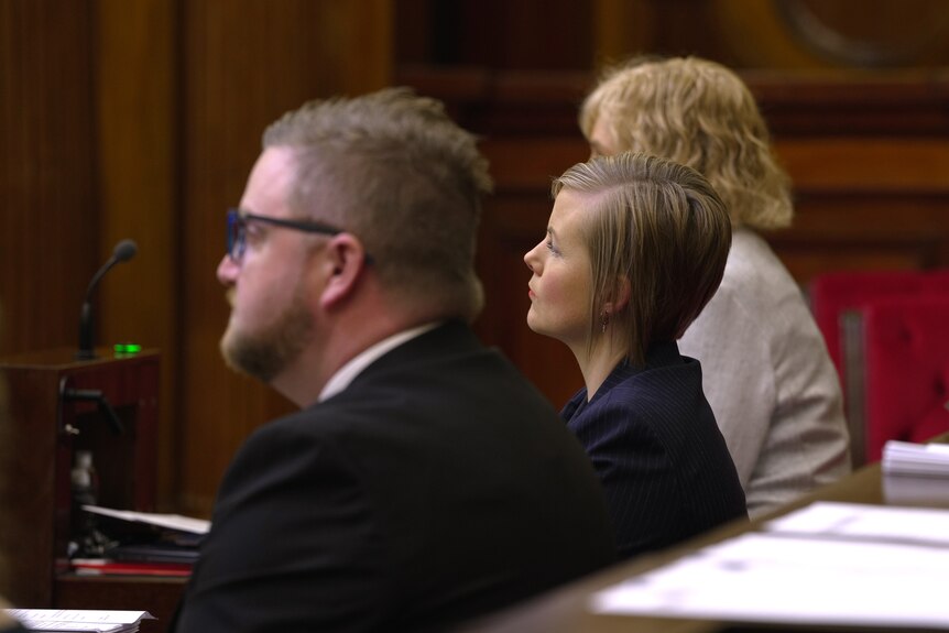 Three members of the Legislative Council in the chamber, photographed from behind