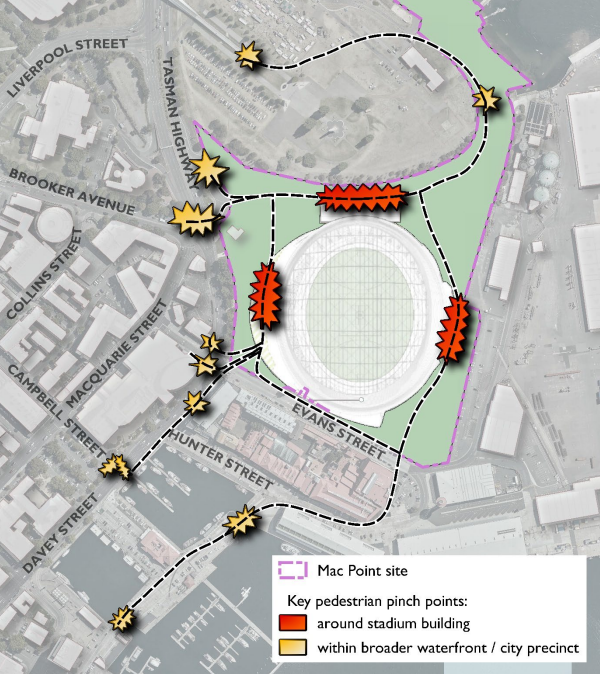 A map showing where pedestrians could face pinch points.