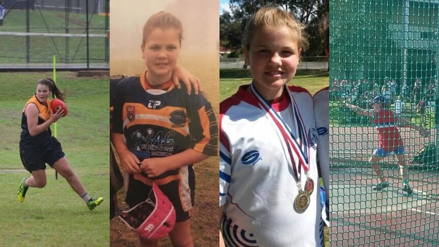 Four pictures of a girl playing different sports.