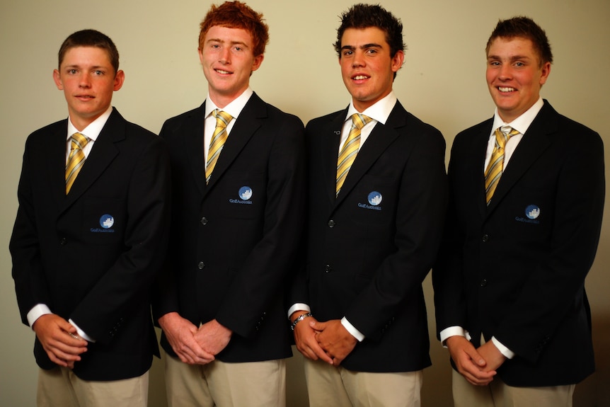 An image of Cameron Smith and Ryan Peake with two team members at the 2010 Trans-Tasman Cup.