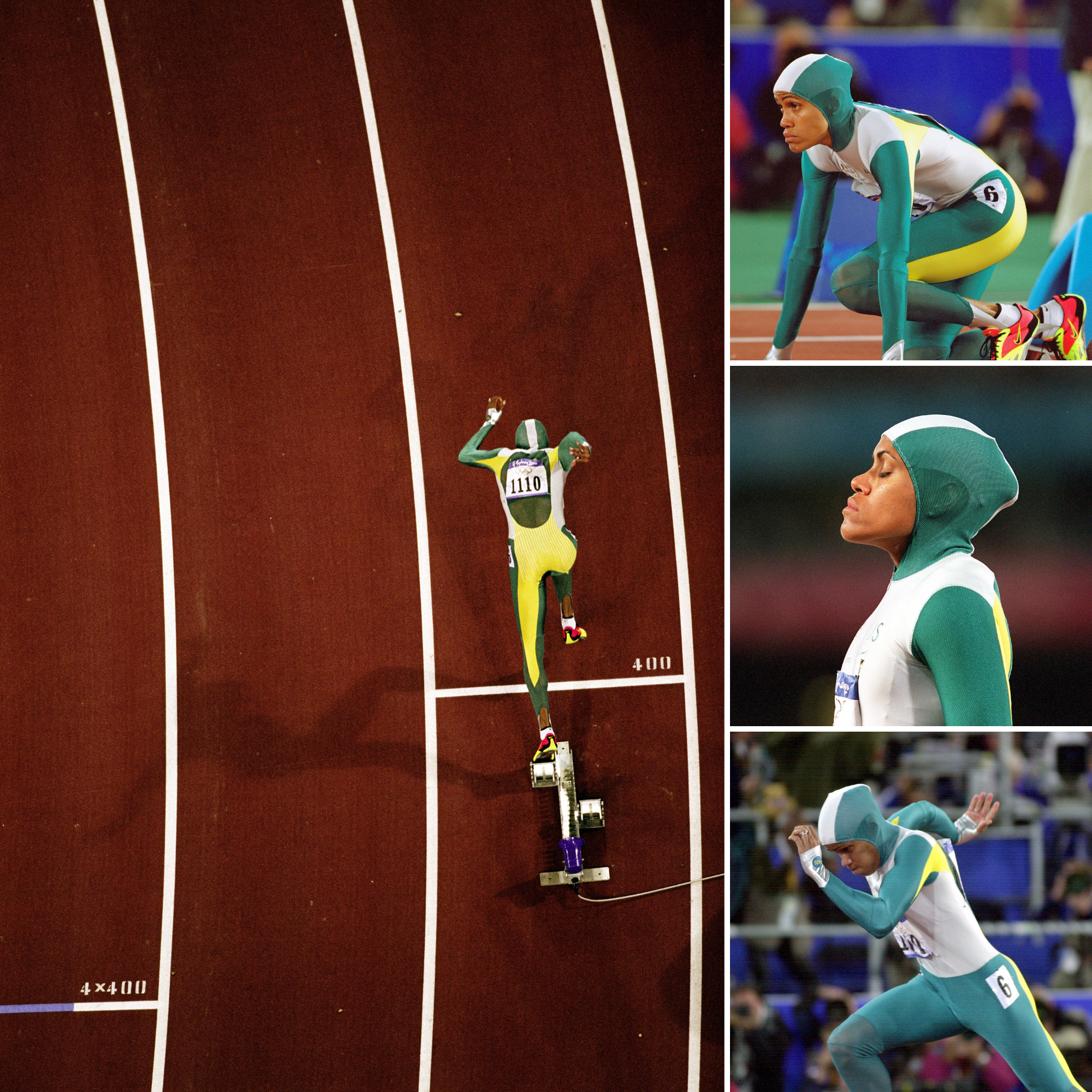 Aerial view of Cathy Freeman at the start of her race. Side view of Cathy Freeman taking a deep breath with her eyes closed
