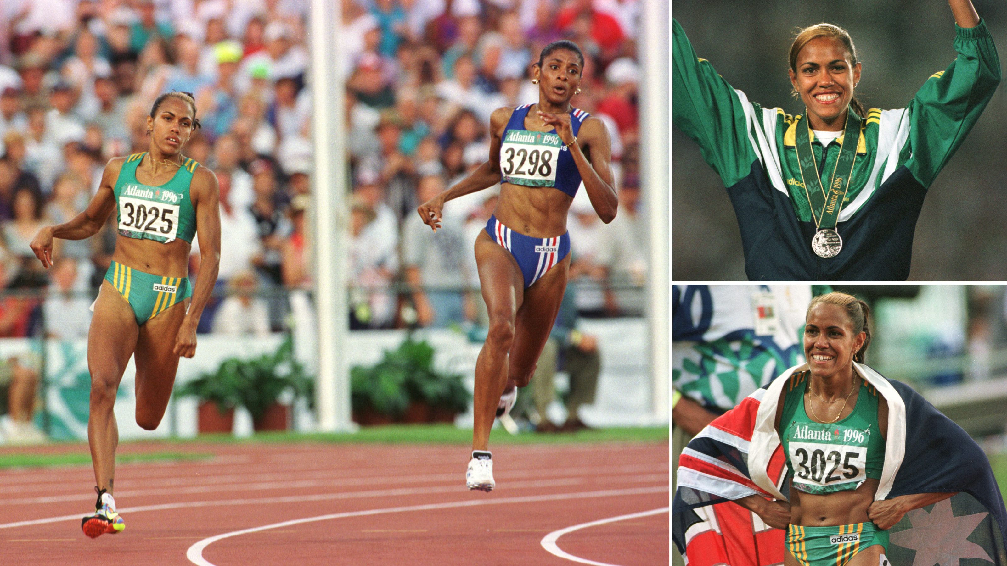 Two women in crop tops and running underwear race around a bend in a stadium track. A crowd is out of focus in the background