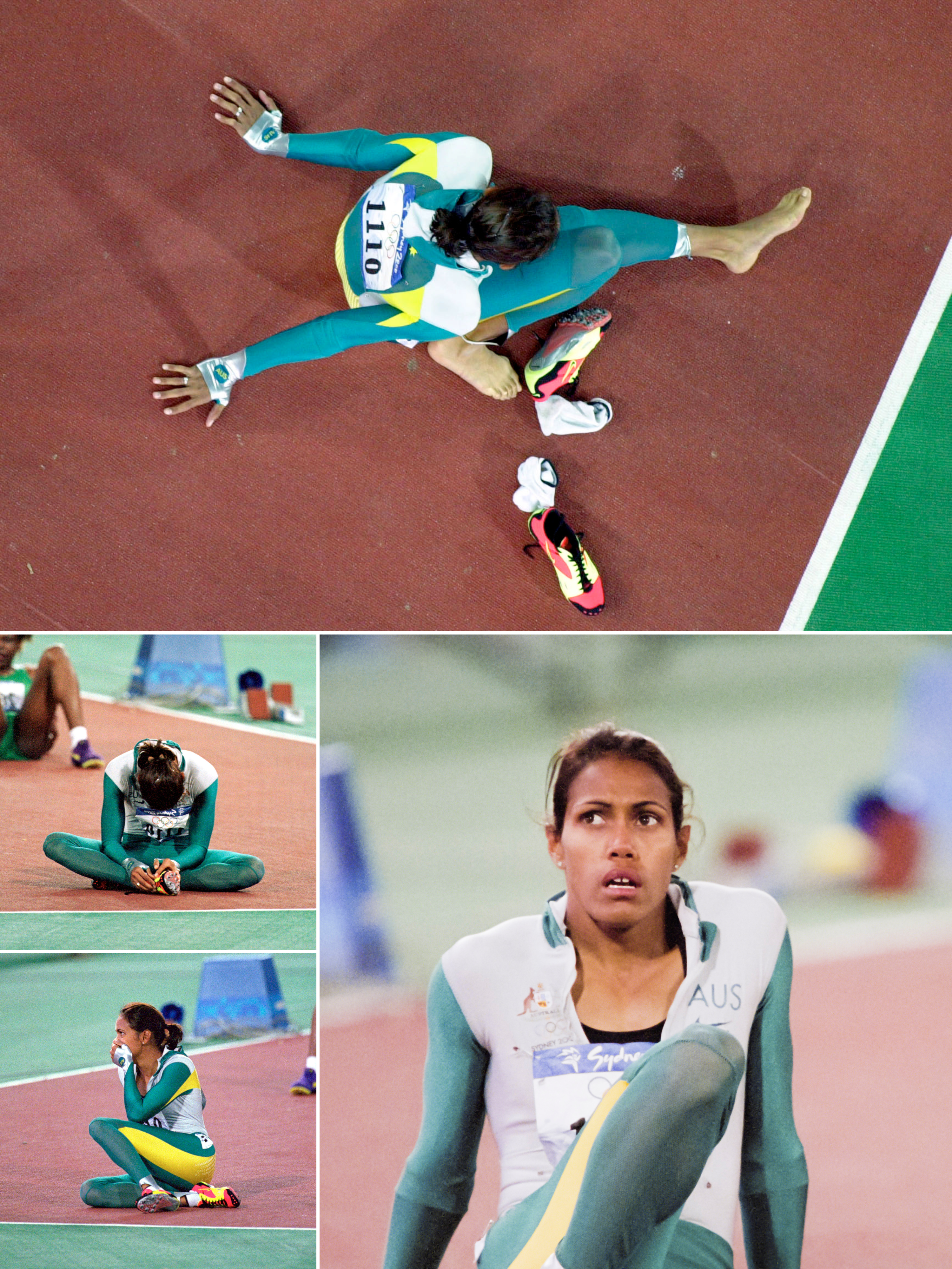 Compilation of images of Cathy Freeman sitting slumped, barefooted in her running suit. She appears exhausted and relieved