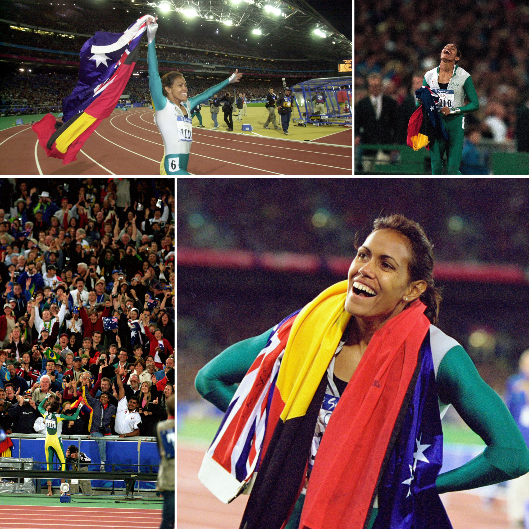 Cathy Freeman wears Australian and Aboriginals flags around her neck and jubilantly smiles at the cheering crowd 