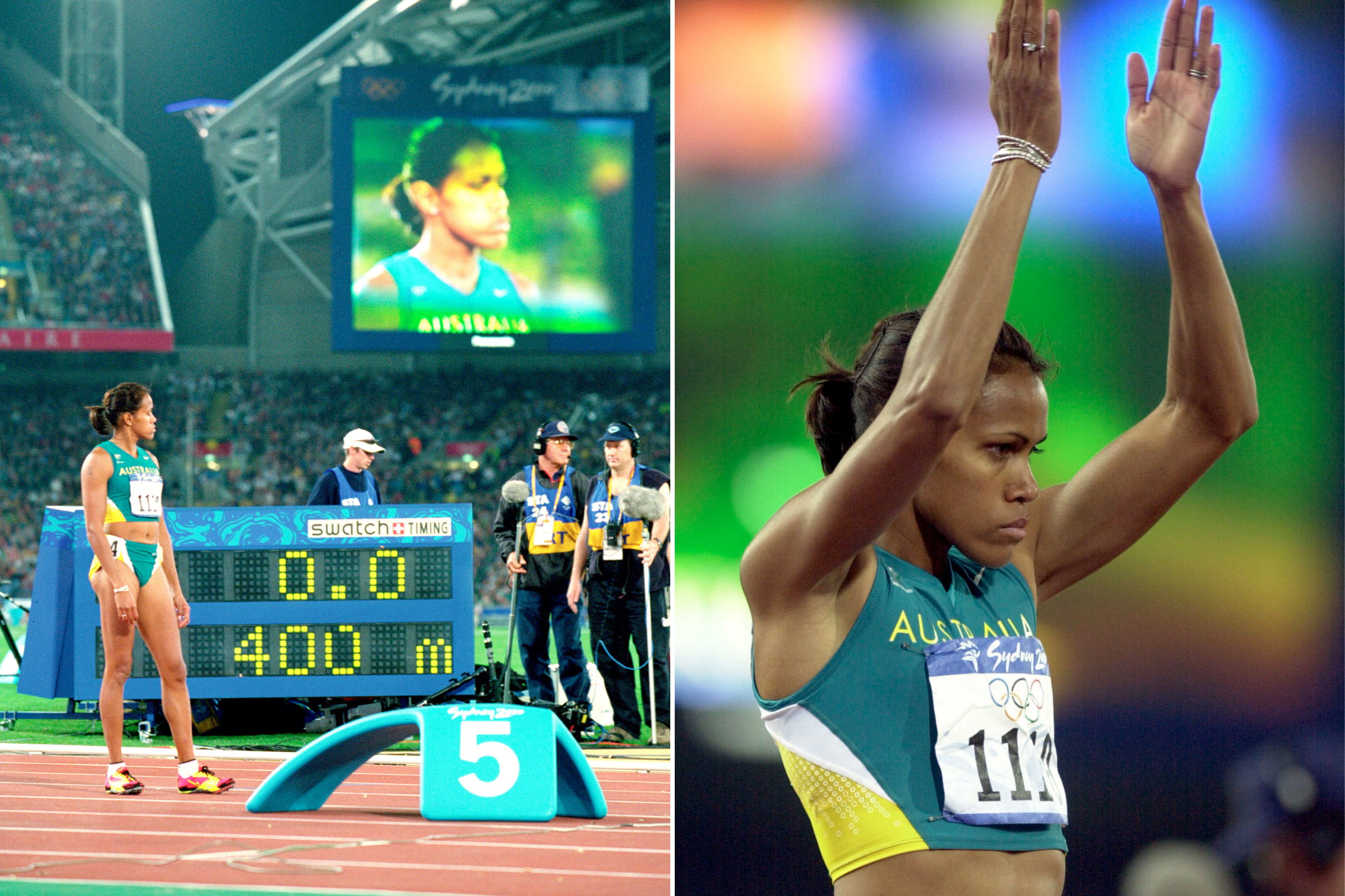 Cathy Freeman stands on track in two-piece running set. Her face on stadium TV screen is in the background.