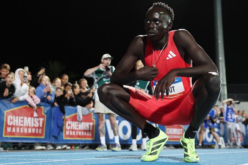 Gout Gout crouches after 200m at Maurie Plant Meet.