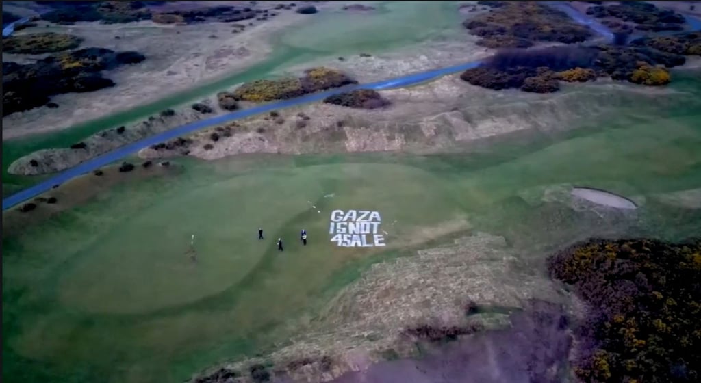 A drone video shows the words “Gaza is not 4 sale” on US President Donald Trump’s golf course in Turnberry, Scotland, on Saturday. Photo: Hassan Ghani via Reuters