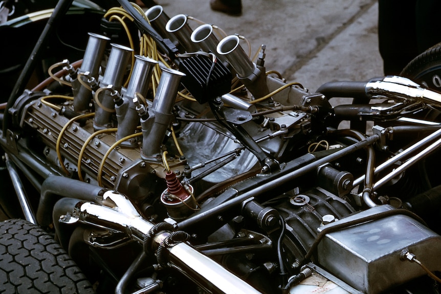 A 1960s F1 engine photographed with the V-shaped pistons