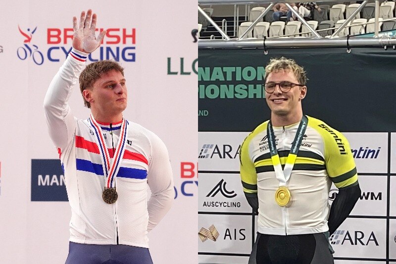Two photos of Matthew Richardson standing on a podium one in a GB jersey, one in an Australia jersey