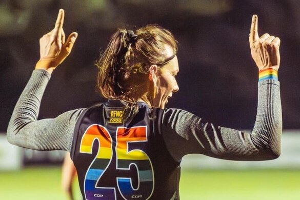 Trans Aussie rules player Taylah Moore in her pride jumper.