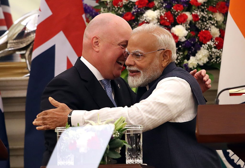Indian Prime Minister Narendra Modi, right, hugs New Zealand’s Prime Minister Christopher Luxon after delivering a statement following a meeting at Hyderabad House in New Delhi on March 17. Photo: EPA-EFE Indian Prime Minister Narendra Modi, right, hugs New Zealand’s Prime Minister Christopher Luxon after delivering a statement following a meeting at Hyderabad House in New Delhi on March 17. Photo: EPA-EFE