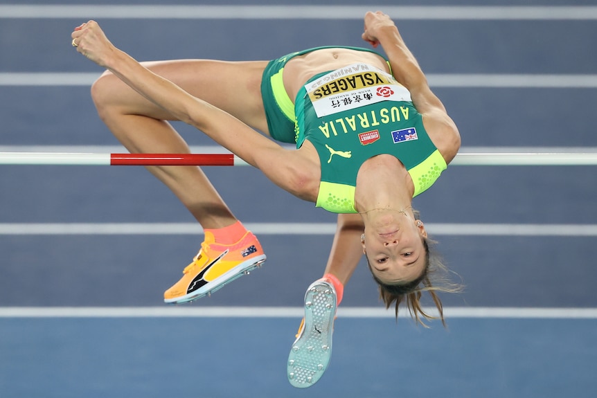 Nicola Olysalgers competing in the high jump at the World Athletics Indoor Championships.