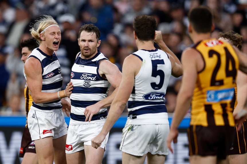 Patrick Dangerfield celebrates a goal