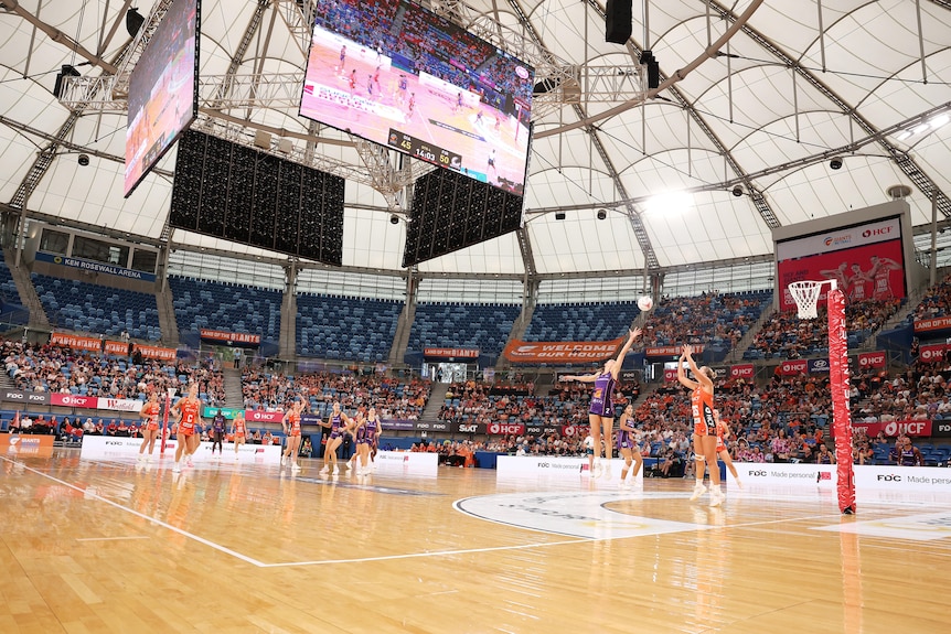 A stadium view of a Super Netball game