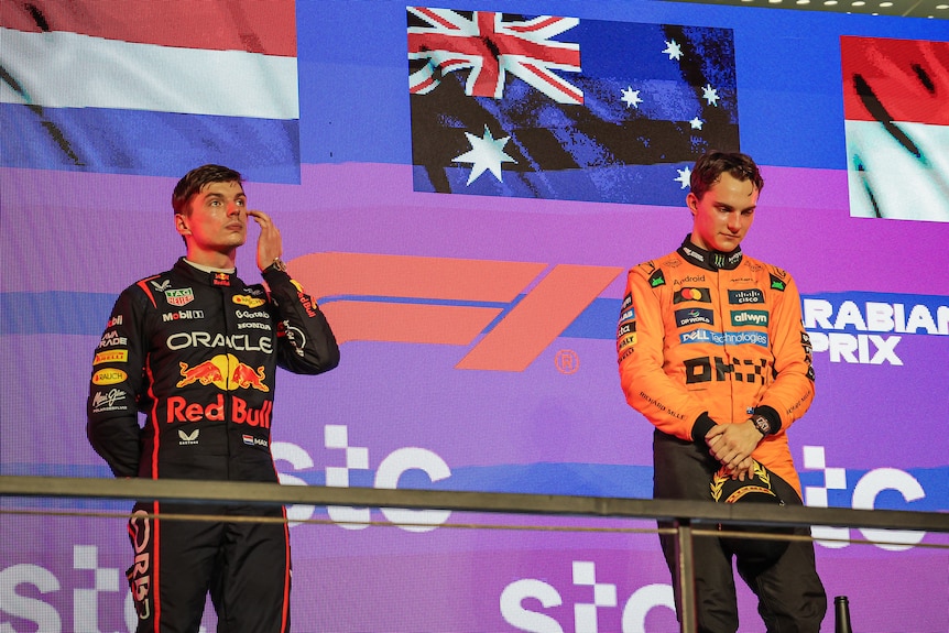 Max Verstappen and Oscar Piastri on the Jeddah podium