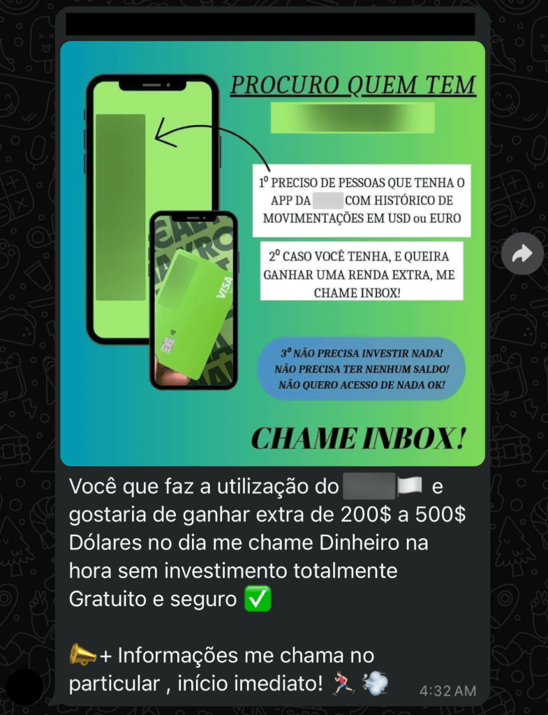 Screenshot of a Telemgram message in Portugues from a member of the Grandoriero criminal network trying to recruit money mules.