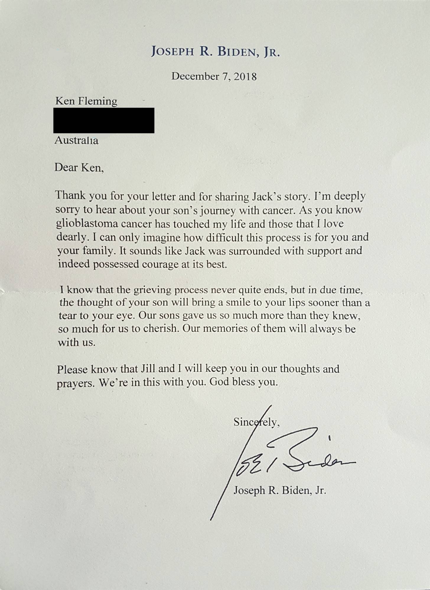 A letter written by former US President Joe Biden.