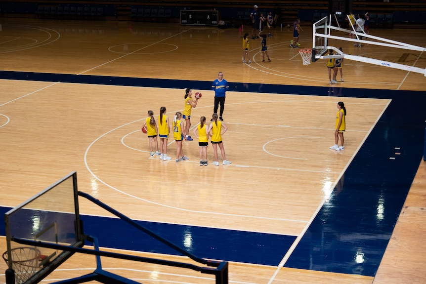 Seven young girls surround a basketball ring with their coach.