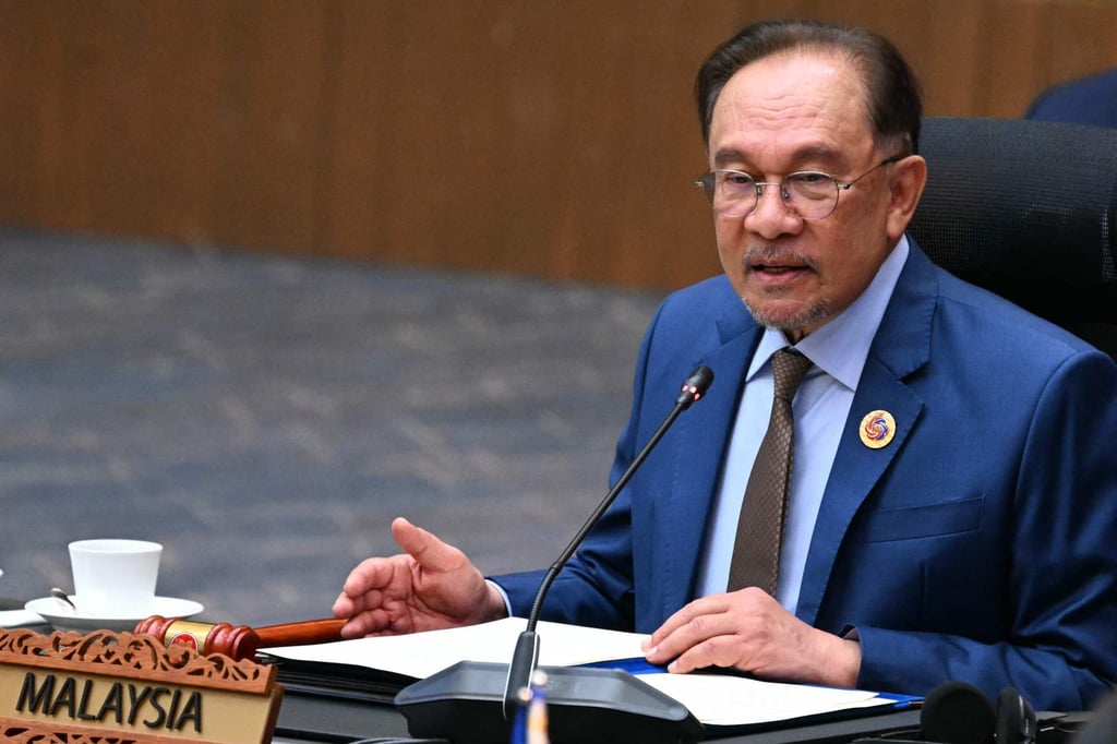 Malaysia’s Prime Minister Anwar Ibrahim speaks on Monday at the 46th Asean Summit in Kuala Lumpur. Photo: AFP